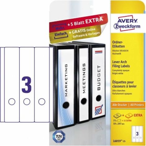 Ordnerrückenetikett ultragrip breit/lang 59 x 297 mm (B x H) selbstklebend mit Griffloch weiß 90 Etik./Pack. (1/5)