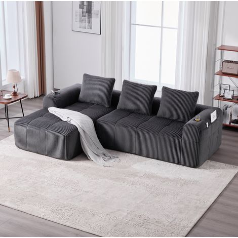 Modulares Kompaktsofa 253x158x61 cm dunkelgrau Cord mit Seitenfächern, Becherhaltern und 3 Kissen (1/5)