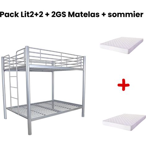 Pack Lit superposé en métal gris + matelas compris 4 places 2+2 COLOSSE 140x190 cm sommier inclus (1/5)