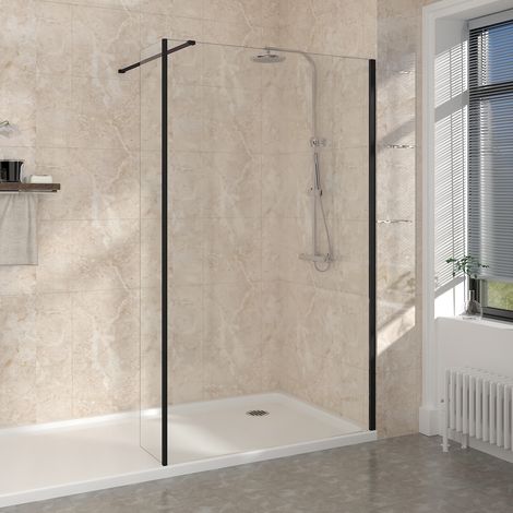 NRG Matte Black Walk In Wet Room Panels Easy Clean Glass 1200mm Shower Screen with 215mm Return Panel (1/5)