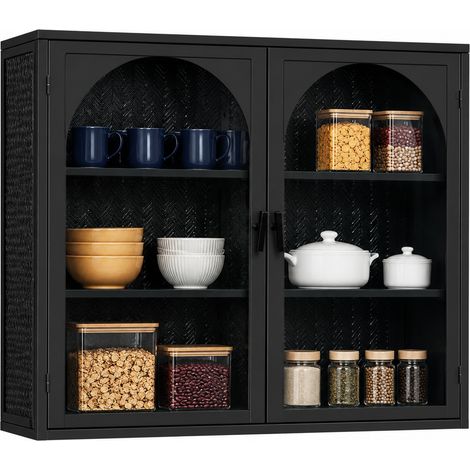 Armoire Murale avec 2 Portes en Verre et 3 Étagères, Style Moderne, en Métal, 70×23×60 cm, Noir