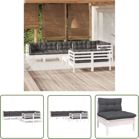 INLIFE Salon de jardin 9 pcs avec coussins Blanc Bois de pin massif (1/5)
