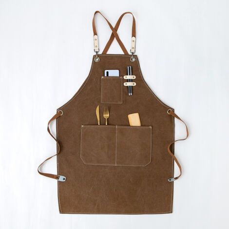 Tablier en denim de qualité supérieure avec poches pour coiffeurs, tablier de travail multifonctionnel en caoutchouc imperméable pour peintres, jardiniers, coiffeurs, hommes et femmes, marron kaki. (1/5)