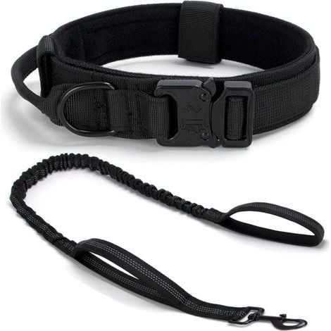 Collier de Chien Tactique Réglable avec Poignée et Boucle en Métal, Ensemble Collier et Laisse pour Chiens Moyens et Grands, Noir XL (1/5)