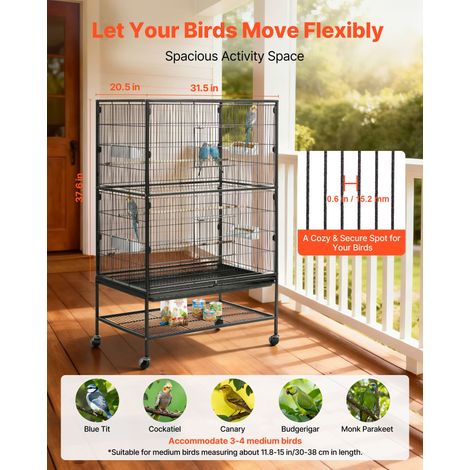 Cage Oiseau 80x52x132 cm Volière Oiseaux Toit Plat Cage Perroquet sur Pied Roulettes pour Mésange Bleue Calopsitte Canari Perruche Ondulée Conure, avec Perchoirs Plateau Coulissant Mangeoires (1/5)