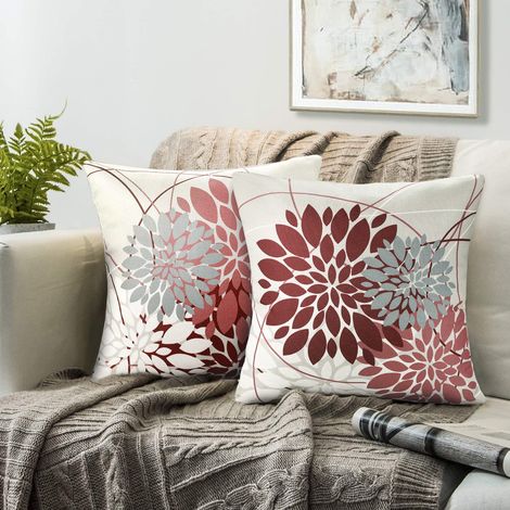 Housse de Coussin 50x50 Rouge Housse Coussin Décoratif Canapé Taie Oreiller Fleur Motif Géométrie Housses de Coussin Lot de 2 Lin Carrées Taie D'oreiller Pour Jardin Salon Canapé Ferme Décor (1/5)