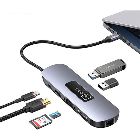 Adaptateur USAMS HUB 10 en 1 3xUSB 3.0/TF/SD/USB-C/HDMI/RJ45/VGA PD100W gris/terni SJ644HUB01 (US-SJ644) (1/5)
