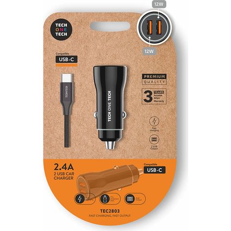 Cargador mechero coche 2 x usb-a, 12 w, negro + cable usb-c de 1 m