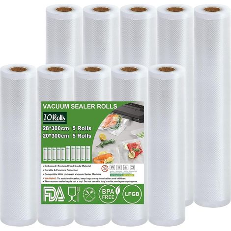 Rouleau Sous Vide Alimentaire, 10 Rouleaux Sac Sous Vide Alimentaire pour L'appareil de Mise Sous Vide, 5 Rouleaux 20x300cm + 5 rouleaux 28x300cm, Film Sous Vide Alimentaire sans BPA (1/5)