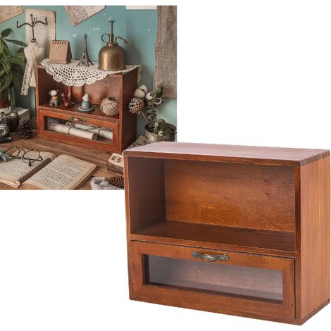 Boîte de rangement de bureau avec tiroir et placard ouvert, organisateur de bureau rétro en bois pour bureau ou chambre. (1/5)