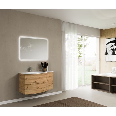 Hängender Badezimmerschrank 105 cm aus goldenem Eichenholz mit Waschbecken – Arona - mit spiegel und LED Lampe (1/5)