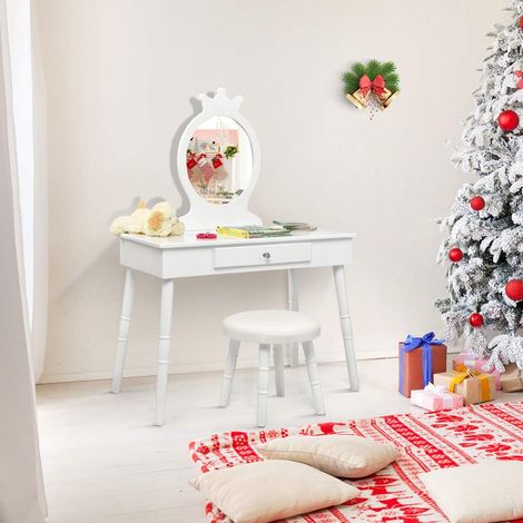 COSTWAY Coiffeuse avec Tabouret ,Table de Maquillage pour Enfants, Style Princesse Européenne avec Tiroir et Miroir (1/5)