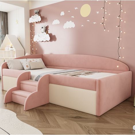 Letto bambini 90x190 cm in velluto con sponde di sicurezza, gradini e rete a doghe, senza materasso, rosa (1/5)