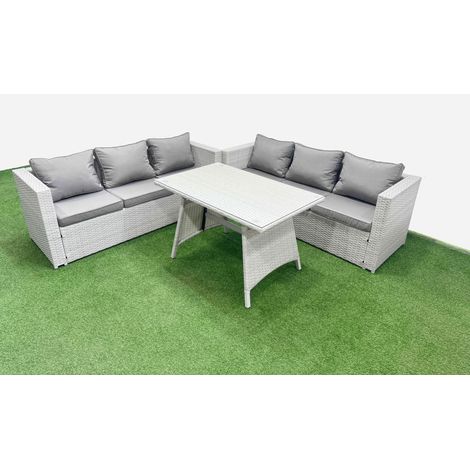 Fimous Rattan Garden Furniture Dining Set 6-seater Patio Rectangular Table 3 Seater Sofa Set Light Grey (1/4)