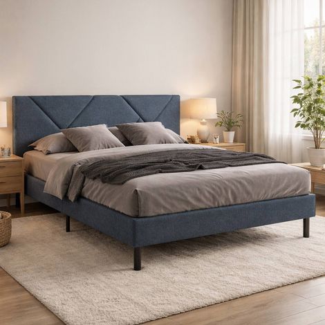 Dmora - Letto matrimoniale Caldes, Letto imbottito in tessuto con testiera, Doghe in legno, adatto a materasso da 160x190, Blu (1/5)