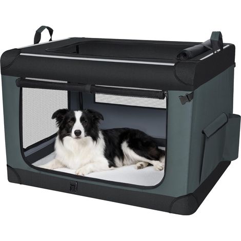 Sac de Transport pour Chien, Cage de Transport pour Chien à Trois Portes avec Bandes Réfléchissantes et Poche, Tissu Oxford, Respirant, Matelas Amovible, Gris (1/5)