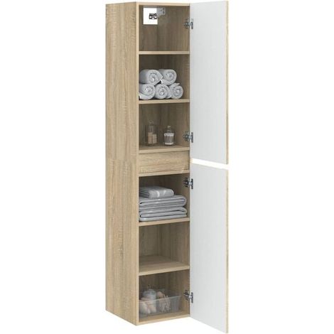 Meuble de Salle de Bain Suspendu en Chêne Couleur Sonoma, 33 x 34,5 x 160 cm, Armoire de Toilette avec Rangement Vertical, Design Moderne et Compact (1/5)