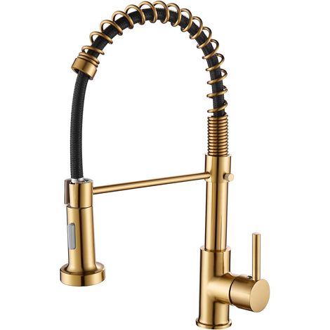Grifo monomando extraíble con resorte para fregadero de cocina, fabricado en latón (oro mate). (1/5)