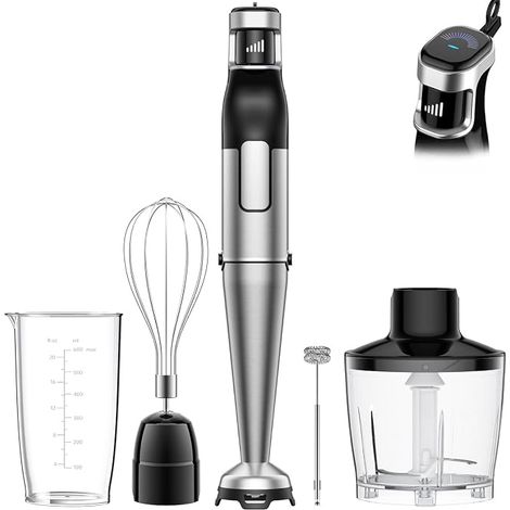Mixeur Plongeant Lames Inox Hachoir Électrique Fouet Mousseur à Lait Verre Doseur pour Soupe Smoothie Purée kit comprenant hacheur fouet mousseur à lait verre doseur pour soupes smoothies (1/5)