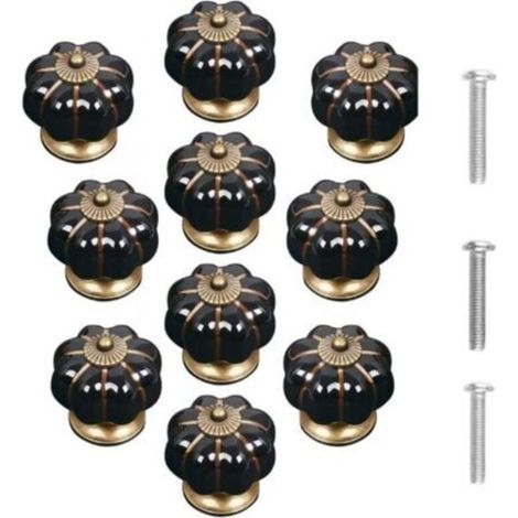 (Black) Set of 10 Vintage Ceramic Pumpkin Door Knobs, Simple Cabinet Drawer Pulls