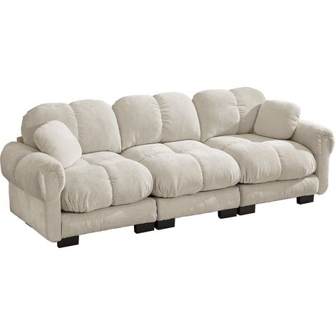 Canapé 3 places en chenille beige clair avec coussins décoratifs (1/5)