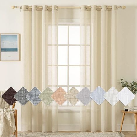 Lot de 2 Rideaux Voilages à Oeillet, Tissu Lin Imitation Rayé, Filtrage Lumière, Intérieur Salon Chambre Bureau, 140x122cm Beige Foncé