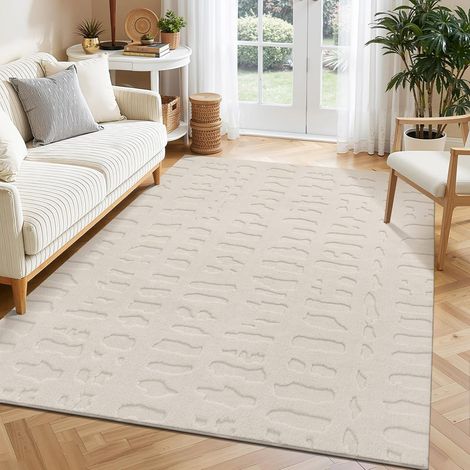 Tapis Salon 160 x 230 cm Beige, Moderne Poils Courts Tapis Chambre, Grand Moquette Chambre, Adulte Style Scandinave Bohème Doux Antidérapant Décoratif, Motif Geometrique Cailloux 3D (1/5)