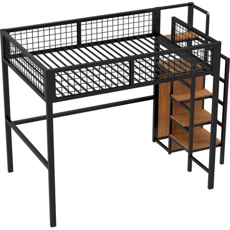 CAIziLit mezzanine 140x200 cm avec échelle, rangement, cadre fer, noir (1/5)