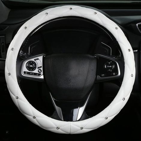 Housse Volant Voiture Strass Cuir Blanc 38cm, Couvre Volant Antidérapant avec Cristaux Brillants Universel (1/5)