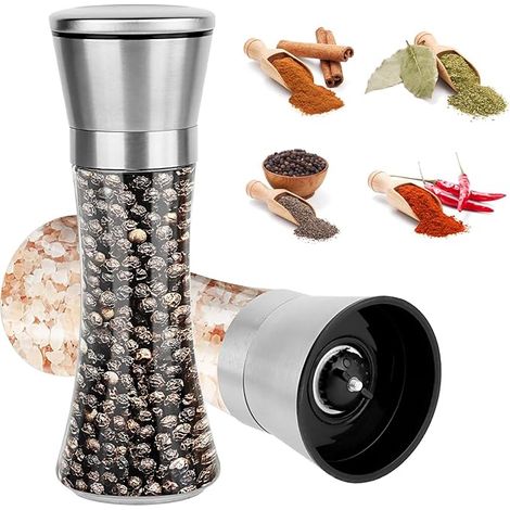 2-teiliges Salz- und Pfeffermühlen-Set, 200 ml Gewürzmühle, verstellbares Mahlwerk, Pfeffermühle aus Edelstahl, zum Mahlen von Chilischoten, Küche