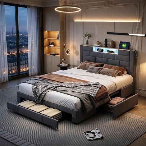 Lit double capitonné en velours, avec 3 tiroirs et éclairage LED, espace de rangement fonctionnel avec tête de lit confortable,Gris-140 x 200 cm (1/5)