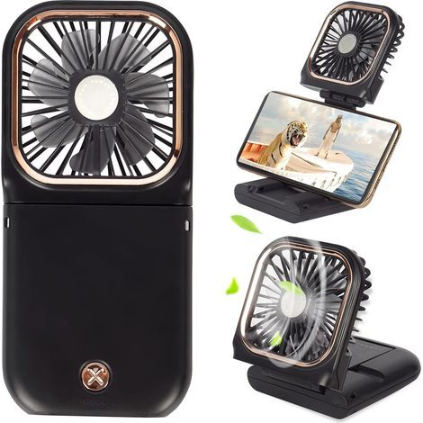 5-in-1 Mini Portable Fan with Power Bank, USB Charging, 3000 mAh, 3 Adjustable Speeds, Neck Strap, Black (1/5)
