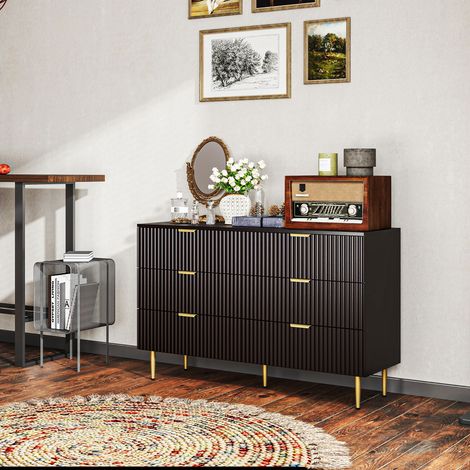 Kommode mit 6 Schubladen, modernes Schlafzimmermöbel mit goldenen Griffen und Beinen, 120 x 40 x 76,5 cm, schwarz