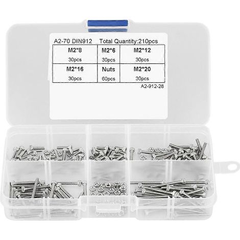 210-teiliges Sortiment an M2 304 Edelstahl-Innensechskantschrauben mit Kegelkopf und Muttern in Box