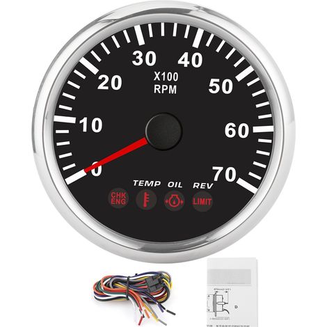 Compte-tours 0-7000 tr/min avec alarme de panne moteur pression d'huile et température pour bateau moto camion - Cadran noir (1/5)