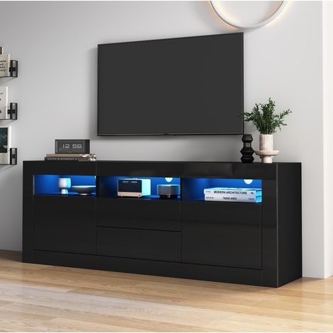 Meuble TV 160x35x60 cm en panneaux de bois noir, avec rangement et LED pour salon FloraGrace (1/5)