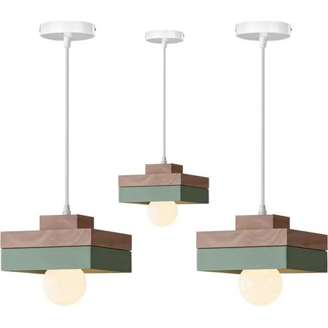 3pcs Lustre Suspension Moderne 18cm,Vintage Suspension Luminaire Industriel Abat-jour en Bois Design Carre E27 Plafonnier,Vert (1/5)