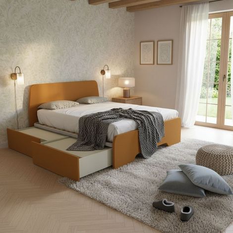 Letto matrimoniale 160x200 con testate sagomate e cassettoni - Zolfo (1/5)