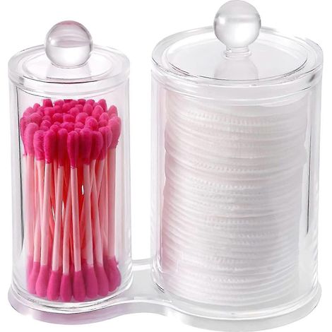 Boîte à coton, 2 boîtes rondes, rangement en acrylique transparent pour cotons-tiges et cotons-tiges (1/4)