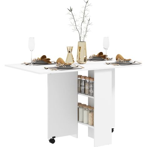 Folding Dining Table, Drop Leaf Table with 2-Tier Shelves, Rolling Casters, for Small Spaces, Kitchen, White (1/5)