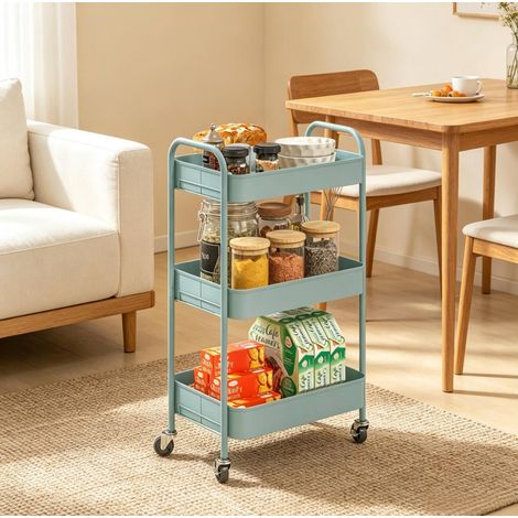 Carrito auxiliar de 3 estantes de acero azul con ruedas OKWISH (1/5)