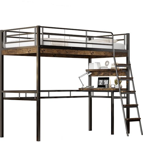 Lit mezzanine 90x200 avec bureau, étagères, échelle et garde-corps, structure métal et MDF noir, sans matelas, gain de place pour chambre - CHICFURN (1/5)