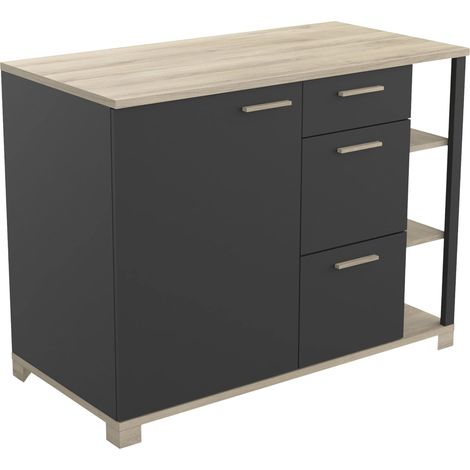 Petit Meuble Buffet Bas pour Salon Ou Cuisine, 1 Porte, 3 tiroirs Et Plan De Travail Intégré en Bois d'ingénierie - Coloris Noir Mat (1/5)