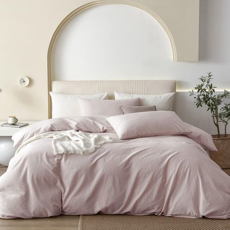 Parure de lit 3 pièces pour Grand lit, 100% Coton lavé, Aspect Lin, Douce et Respirante, avec Fermeture éclair, avec Housse de Couette de 228,6 x 228,6 cm et 2 taies d'oreiller, Rose (1/5)