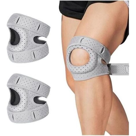 Orthopädische Knieorthese, verstellbare Patellarsehnenorthese, 1 Paar, für Läufer, Tennisspieler und Patienten mit Patellaarthritis (2, grau) (1/4)