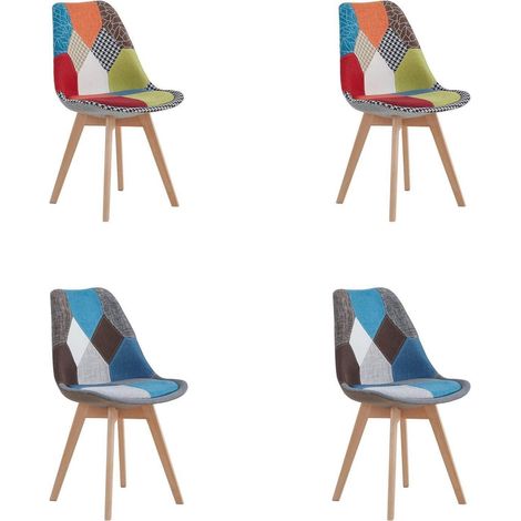 4er Set Esszimmerstühle Patchwork Blau+Rot mit Massivholzbeinen und abnehmbarem Sitzkissen (1/5)