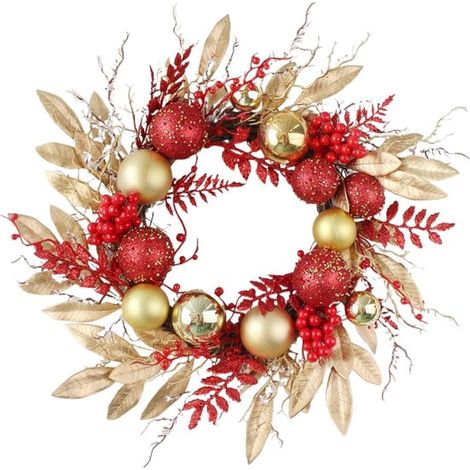 Ghirlanda natalizia artificiale da 45 cm，rossa e oro，con palline decorative，bacche e rami per porta d'ingresso，Decorazione natalizia