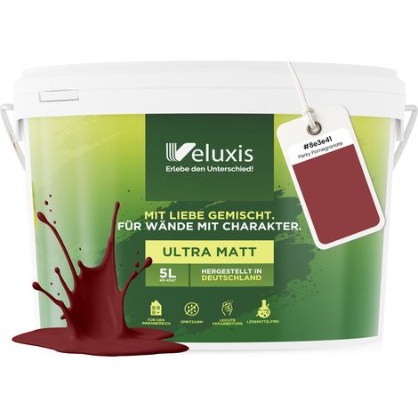 Peinture murale rouge-brun bordeaux mate pour intérieur – pouvoir couvrant classe 1, sans COV, sans apprêt, à faible écoulement – salon et chambre – 5 L – Veluxis (Perky Pomegranate) (1/5)