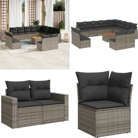 13-tlg. Garten-Sofagarnitur mit Kissen Grau Poly Rattan - Gartenmöbel Set - Lounge Möbel - Outdoor Möbel - Rattan Gartenmöbel - Wetterfeste Gartenmöbel - Home & Living