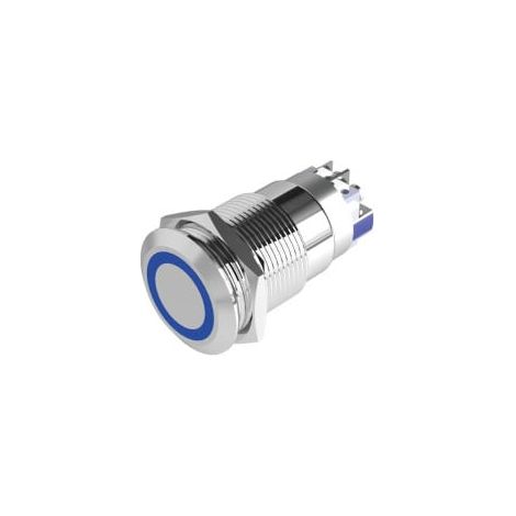 BOUTON POUSSOIR INOX BLEU 19 MM, NO+NC, 12V DC, COSSES A SERTIR (1/2)